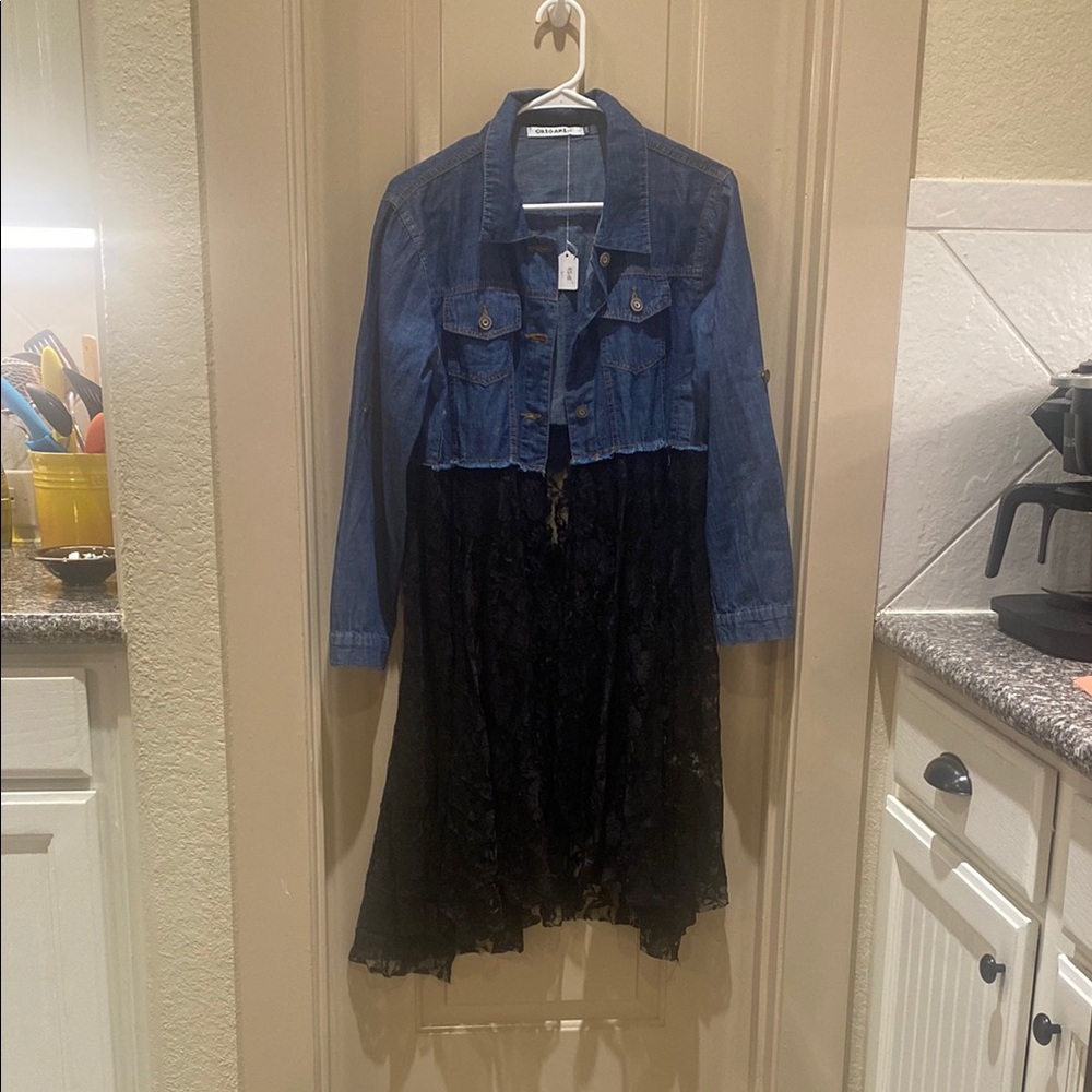 Blue Denim and Black sheer Lace dress . It is sheer lace.